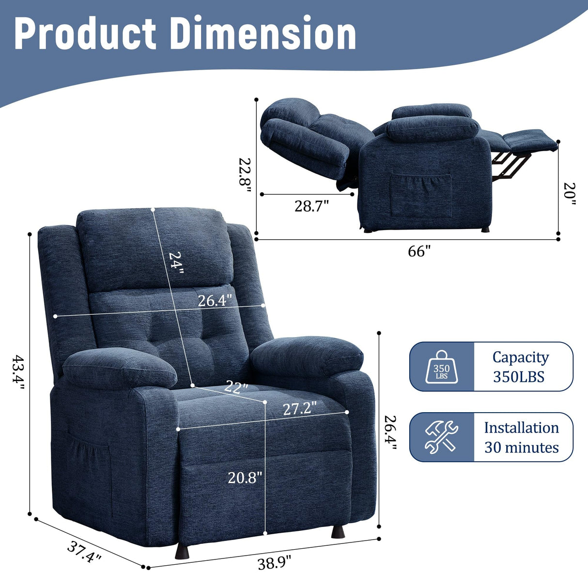 Korser Power Recliner Chair for Adults, Oversized Electric Recliner with Thickened Cushions, Chenille Fabric Reclining Chair for Living Room, Bedroom, Blue Korser