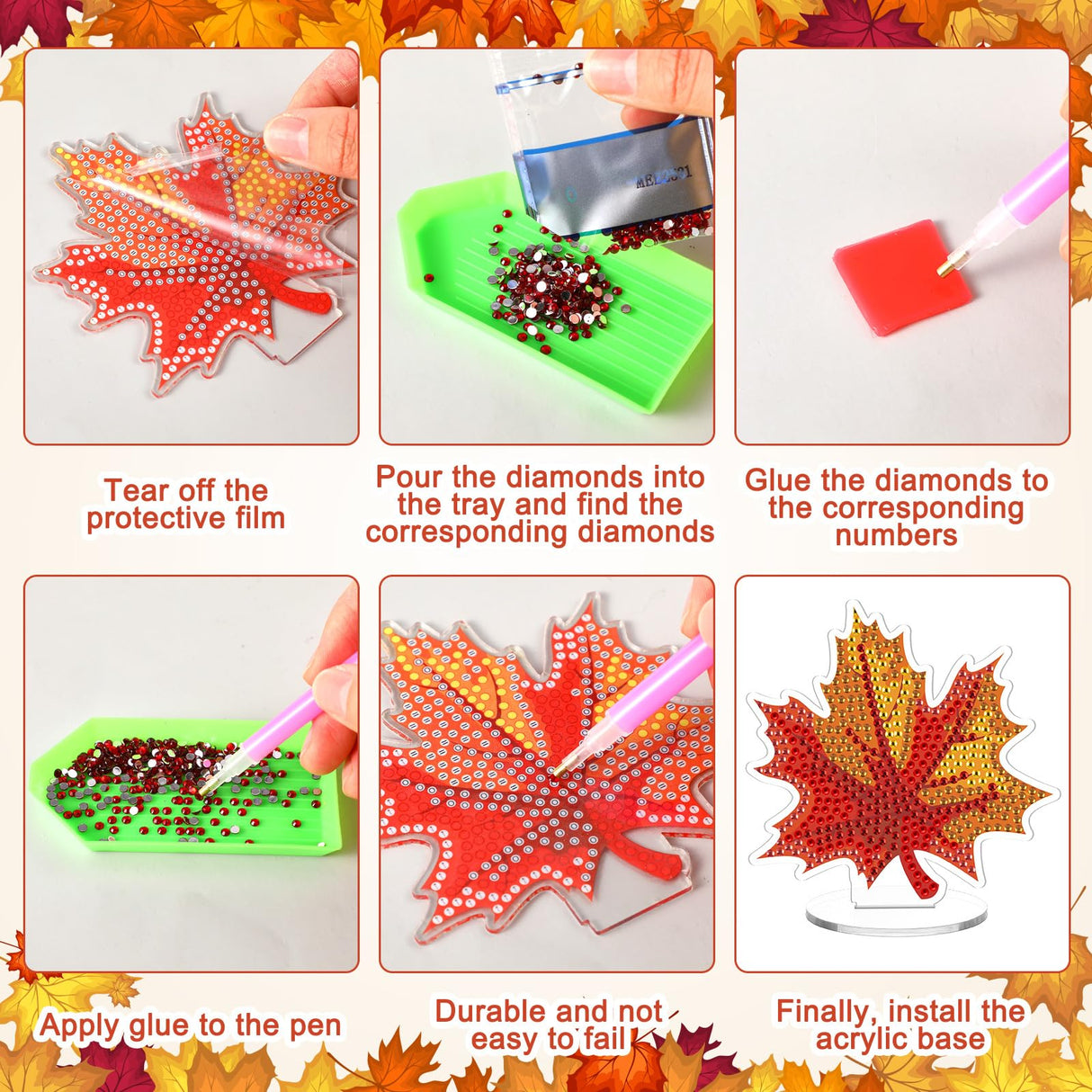 DoubleFill 9 Pcs Luminous Thanksgiving Diamond Painting Tabletop Decor Double Sided Fall Maple Leaf Diamond Art Kits for Adults Glow in The Dark Thanksgiving Centerpieces for Table Desktop DIY Crafts DoubleFill