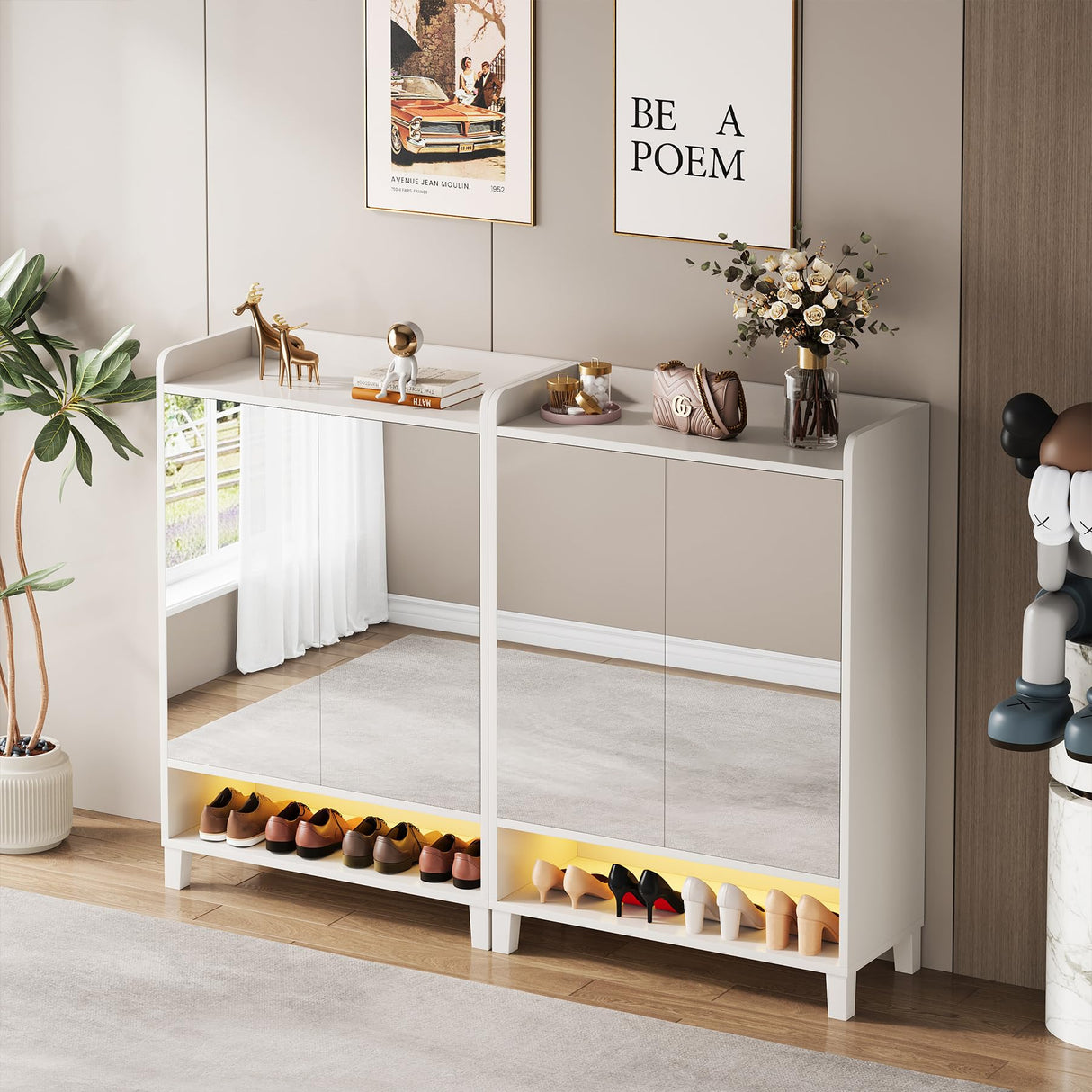 Condemo Shoe Cabinet with Mirrored Door, 7-Tier Shoe Storage Cabinet for Entryway, Freestanding Shoe Rack Cabinet with LED Light and Adjustable Shelf, Modern Shoe Cabinet Organizer for Hallway, White Condemo