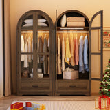 chartustriable 2 Doors Arched Armoire Wardrobe Closet w/Drawers,LED Light,Wooden Closet Wardrobe Cabinet with Hanging Rod for Bedroom,Modern Armoire Storage Cabinet w/Shelf,Rustic Oak chartustriable