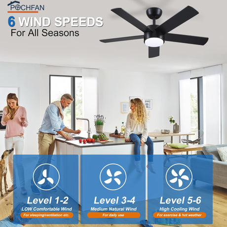 POCHFAN 42 inch Black Ceiling Fans with Lights and Remote Control, LED Ceiling Fan Dimmable 3-Color Temperatures 6-Speed, Quiet Modern Ceiling Fan for Bedroom, Living Room, Dining Room POCHFAN