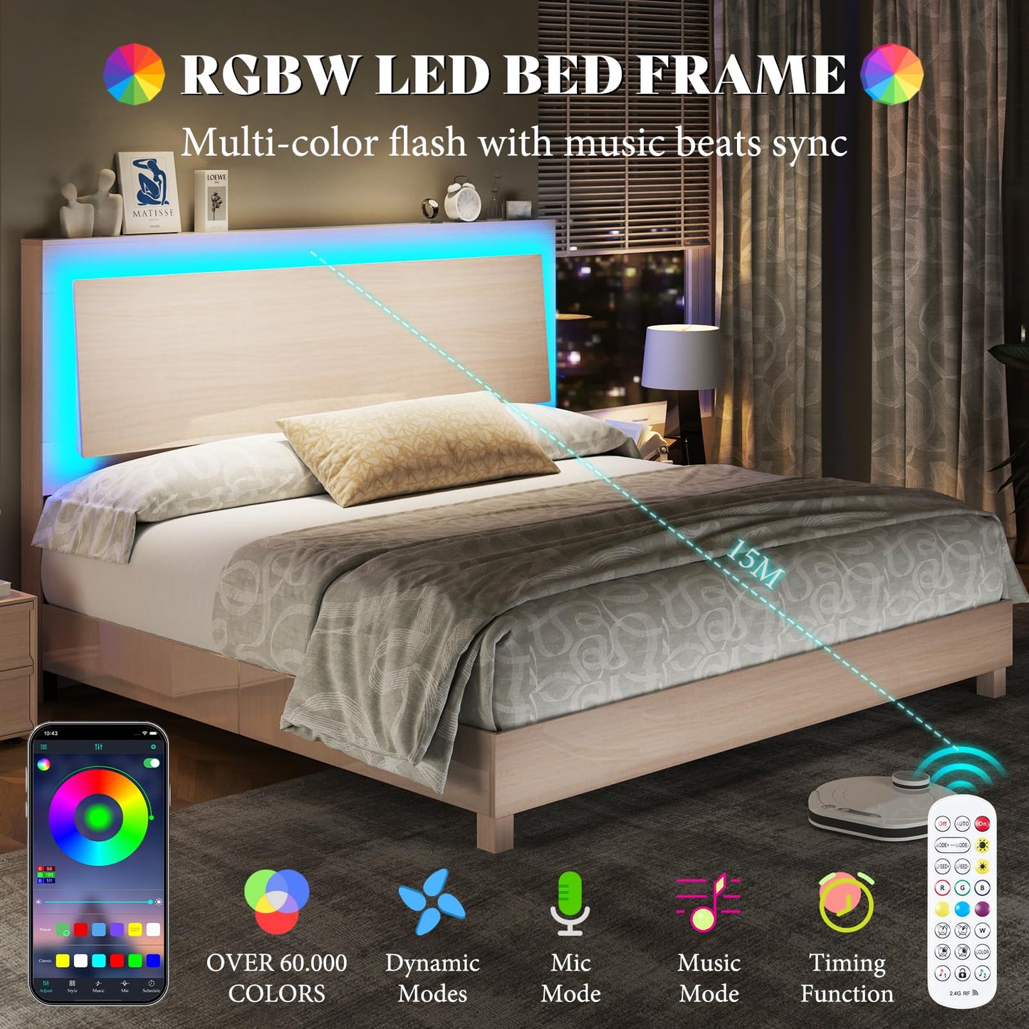 High Gloss White Woodgrain King Bed Frame with Floating Ergonomic Headboard and Smart RGBW LED Lights - WoodArtSupply