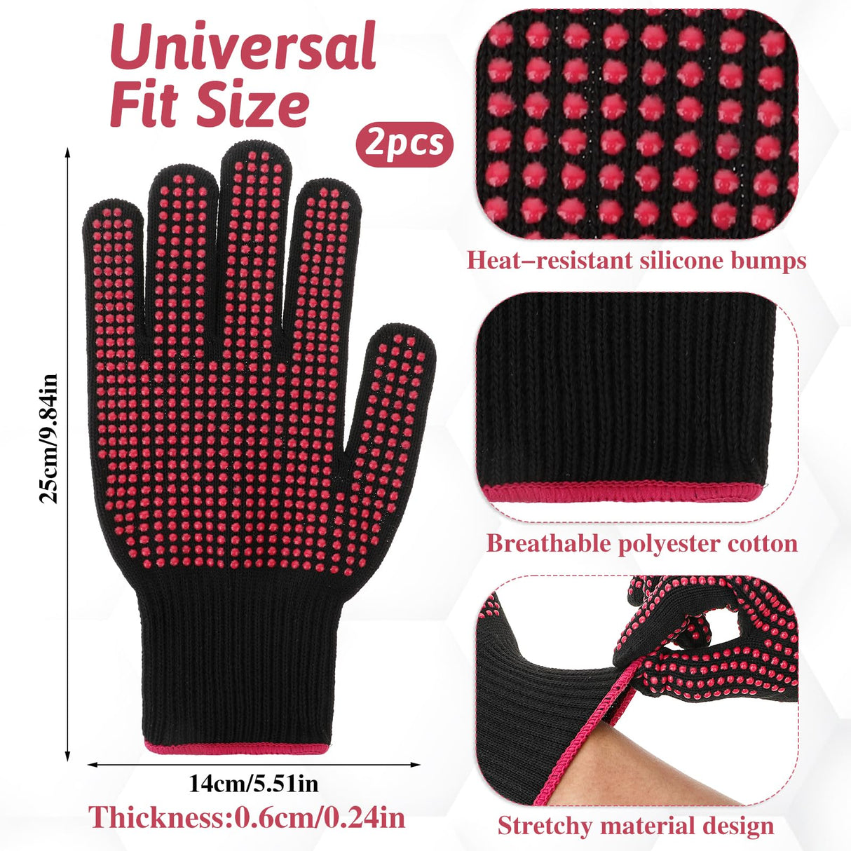 Ptwola 2 Pcs Heat Resistant Gloves with Non-Slip Silicone Bumps Professional Heat Blocking Fireproof Sublimation Gloves Mitts for Curling Wand Hot-Air Brushes Hair Styling Flat Iron Ptwola