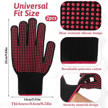 Ptwola 2 Pcs Heat Resistant Gloves with Non-Slip Silicone Bumps Professional Heat Blocking Fireproof Sublimation Gloves Mitts for Curling Wand Hot-Air Brushes Hair Styling Flat Iron