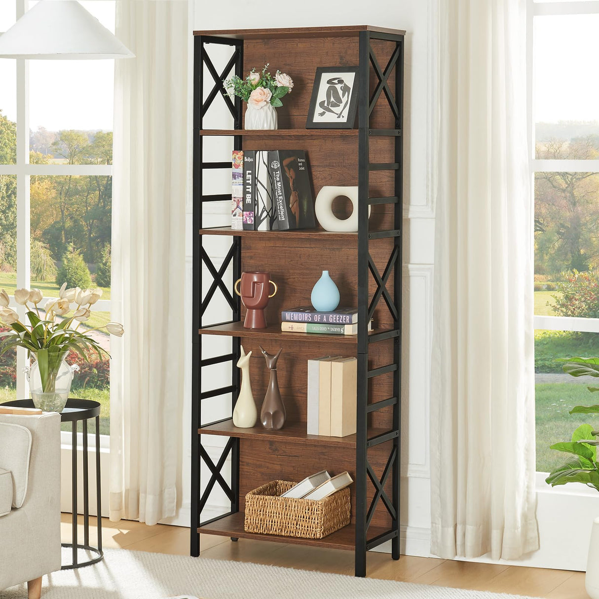 HOMBAZAAR 6 Tier Bookshelf, 65.8 Inch Tall Rustic Bookshelf with Metal Frame, Industrial Heavy Duty Bookshelves and Bookcases, Open Book Shelf for Office, Living Room and Library, Brown HOMBAZAAR