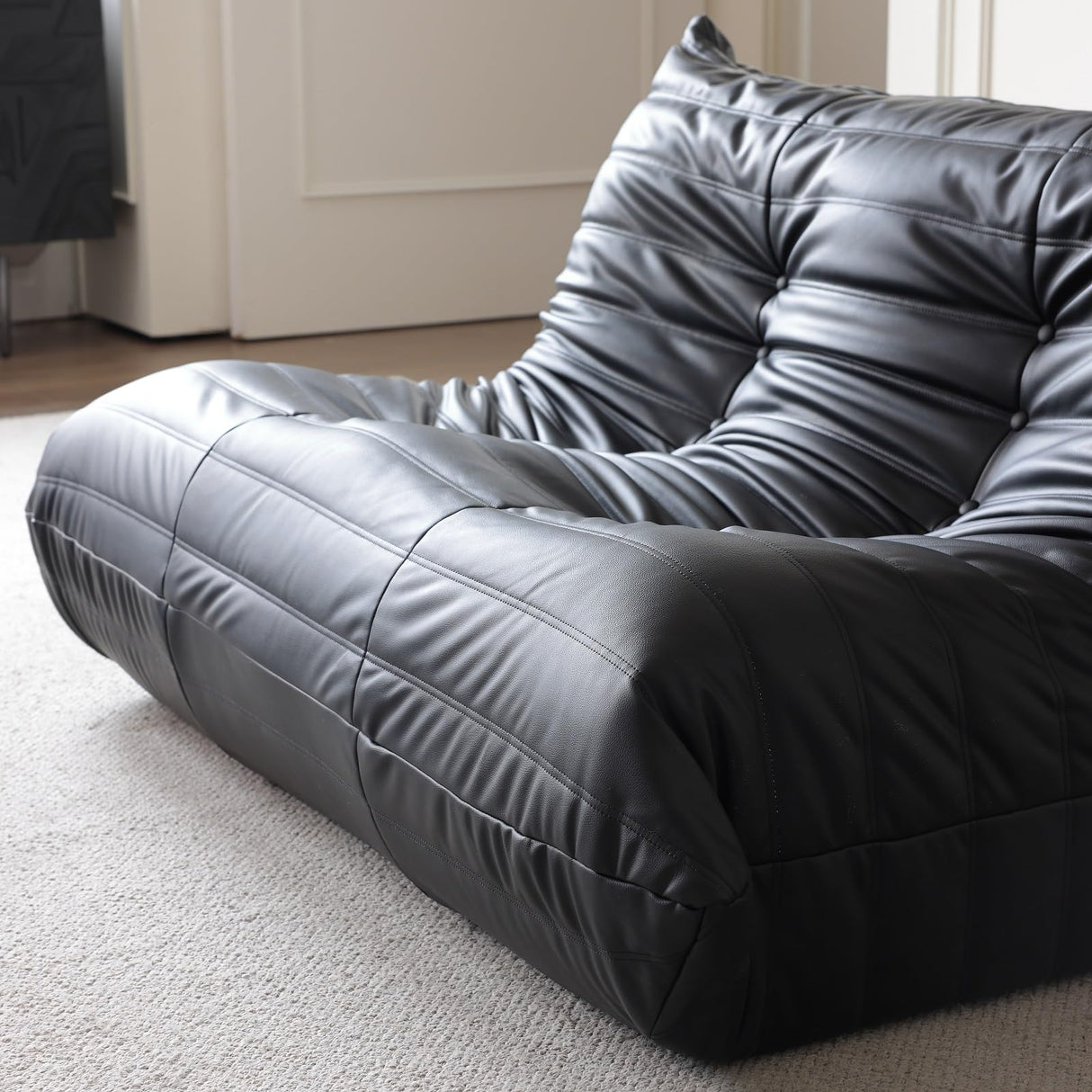 Comfy Lazy Floor Sofa Couch,Bean Bag Chairs,Soft Armless Fireside Chair,Faux Leather Lounge Chair,Corner Relax Couch for Living Room Bedroom,Salon Office,Adults（Black+3 Seat Generic