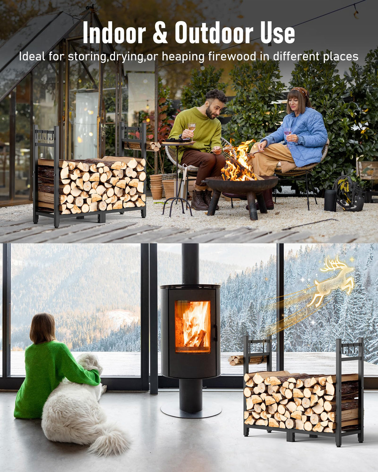 Brightown Firewood Rack Indoor with Log Carrier, 34inch Outdoor Wood Rack for Firewood,Fire Wood Storage with Kindling Hooks, Adjustable Pads, Heavy Brightown