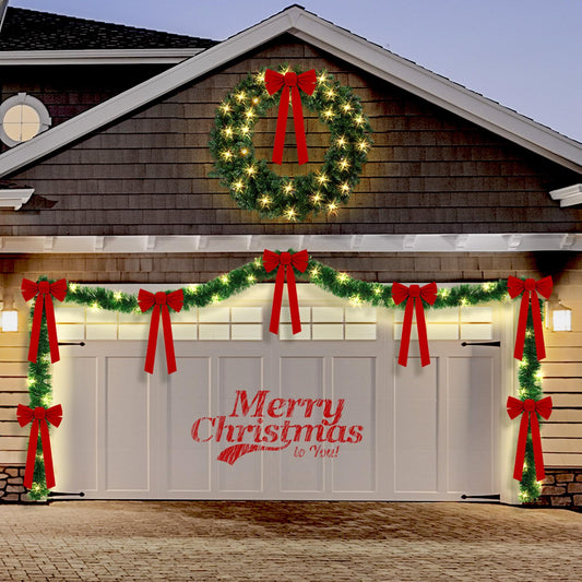 Dingion Large Outdoor Christmas Decorations,48 in Pre-Lit Christmas Wreath and 33ft Christmas Garlands with 2 Light String 7 Xmas Bow for Christmas Garage Front Door Outdoor Porch Window Decor