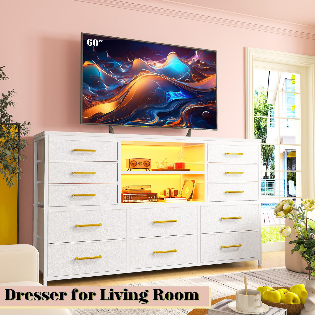 EnHomee White Dresser for Bedroom with 12 Drawers, Fabric Bedroom Dresser with LED Lights & Power Outlets Long Dressers & Chest of Drawers, Sturdy Dresser for Closet, Living Room, Hallway EnHomee