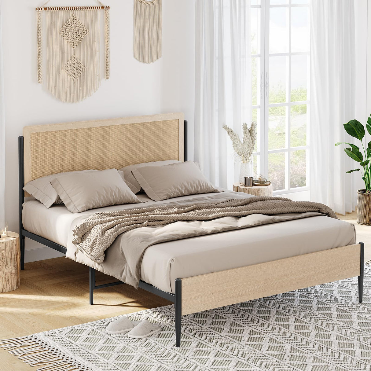 GAOMON Full Size Bed Frame with Natural Rattan Headboard & Solid Wood Footboard - Under Bed Storage Space, Quiet Noise-Free Design, No Box Spring Needed,Oak GAOMON