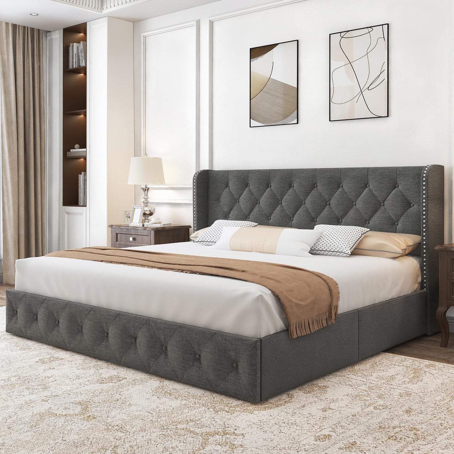 BRELTAM King Size Bed Frame with 4 Storage Drawers and Wingback Headboard, Linen Upholstered Platform Bed Tufted Bed Frame with Solid Wood Slats