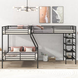 L-Shaped Metal Twin Over Full Bunk Bed and Twin Size Loft Bed with Four Built-in Shelves,Black Bellemave