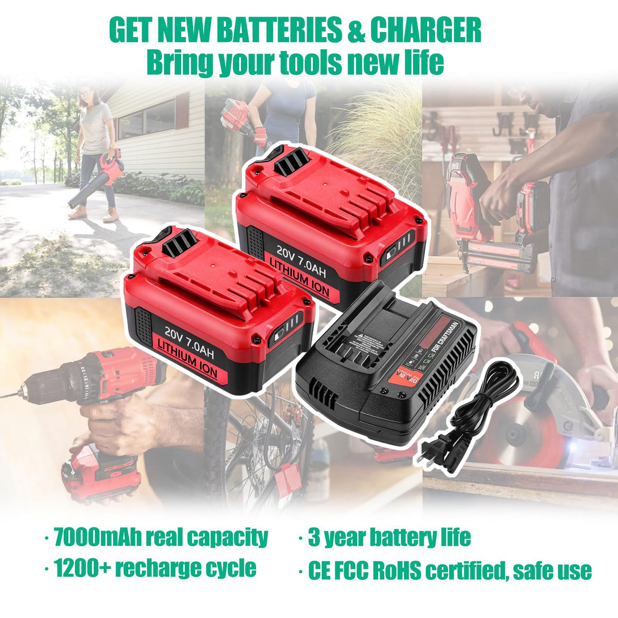 Upgraded 7000mAh V20 Battery and Charger Set Compatible for Craftsman 20V Battery Replacement CMCB204 CMCB205 CMCB202 CMCB202-2 CMCB201 CMCB206 CMCB209 CMCD700C with CMCB104 Charger Batryuic