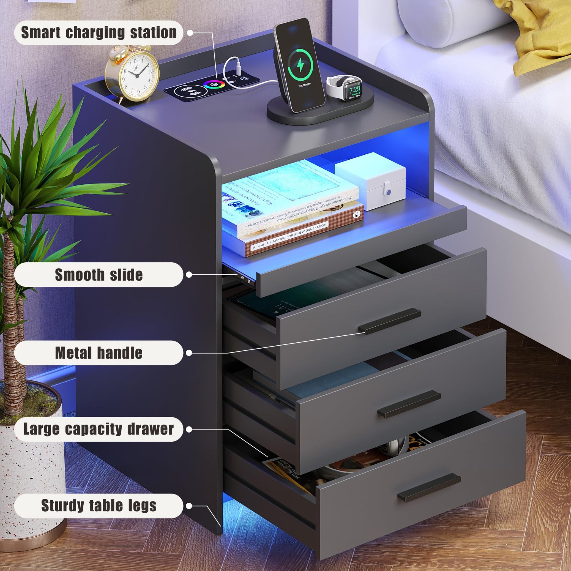 FREDEES Nightstand with Wireless Charging Station Bedside Table with RGB Light & Human Sensor Design 3 Drawers LED Modern Night Stand End Table for Bedroom Livingroom Office- Grey - WoodArtSupply