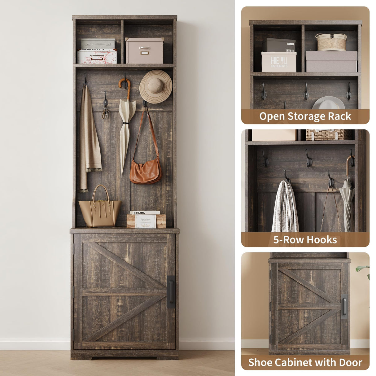 IDEALHOUSE Farmhouse Narrow Hall Tree with Bench, 23.6" Small Entryway Organizer with 5 Hooks, 2 Cubbies & Barn Door Shoe Storage Cabinet for Apartment, Mudroom, Hallway, Grey IDEALHOUSE