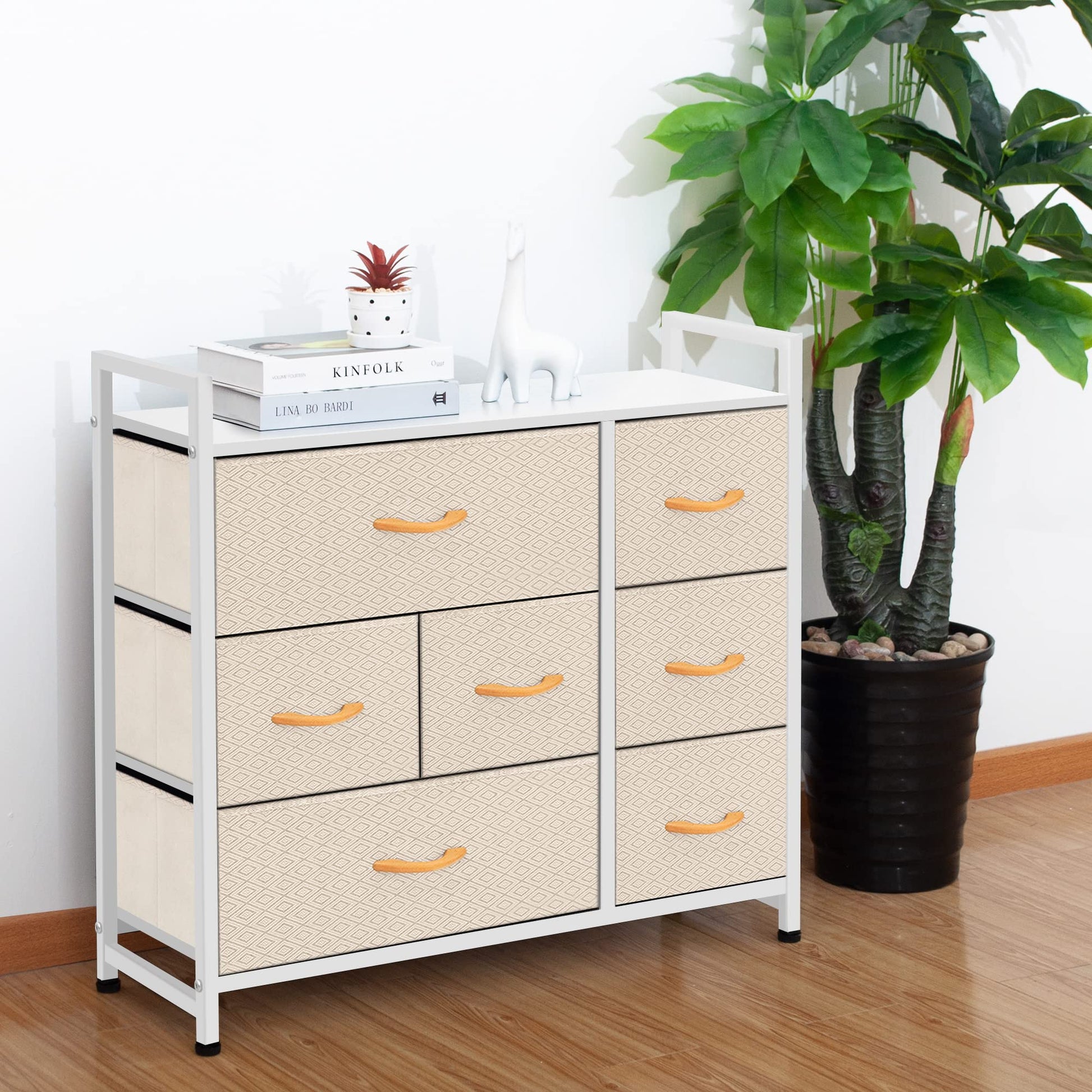 AZL1 Life Concept 7-Drawer Dresser 3-Tier Storage Organizer, Tower Unit for Bedroom/Hallway/Entryway/Closets-Sturdy Steel Frame, Wooden Top, Removable Fabric Bins, Ivory - WoodArtSupply