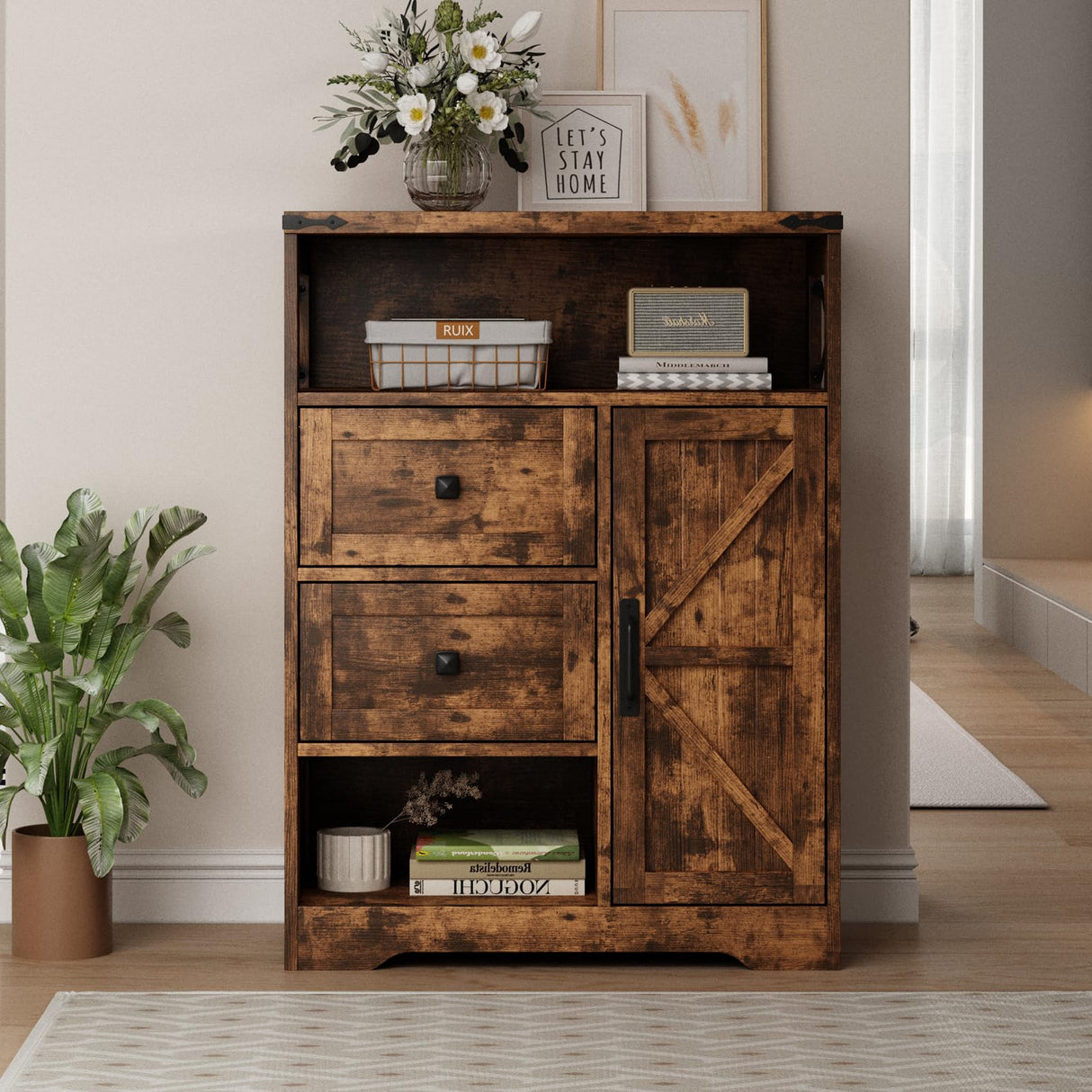Fameill Farmhouse Storage Cabinet with 2 Drawers & Shelves, Freestanding Cabinet for Living Room, Bathroom, Kitchen, Laundry, Brown Fameill