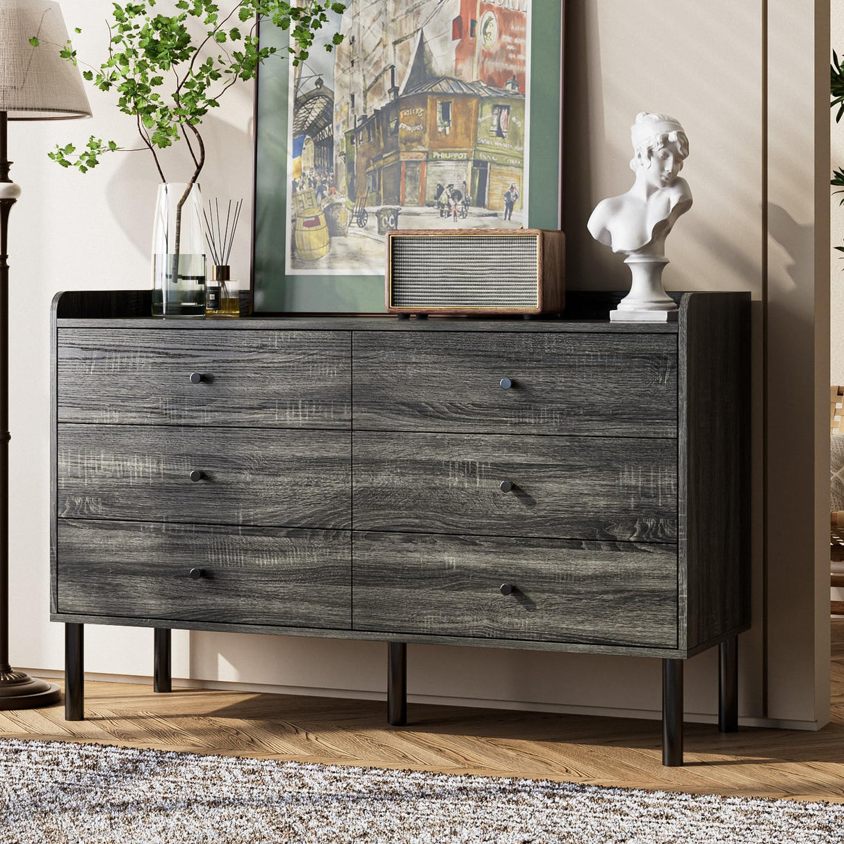 LYNSOM Dresser for Bedroom, 6 Drawer Grey Dresser with Wide Drawer and Metal Handles, Modern Dressers & Chests of Drawers for Hallway Entryway LYNSOM