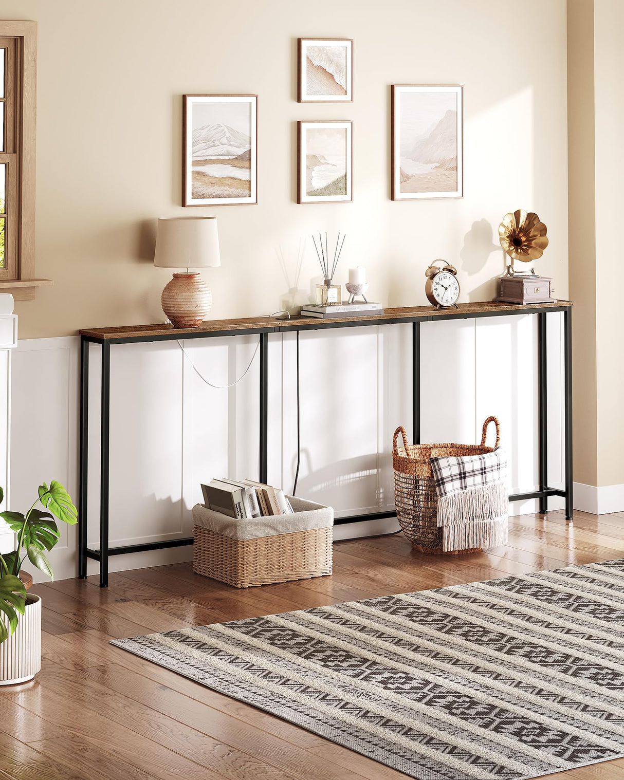 CHOEZON 78.7'' Narrow Console Table with Power Outlet 7.1" Skinny Sofa Table, Long Behind Couch Table with Charging Station, Entryway Table for Hallway, Living Room Rustic Brown and Black TXG20UBF CHOEZON