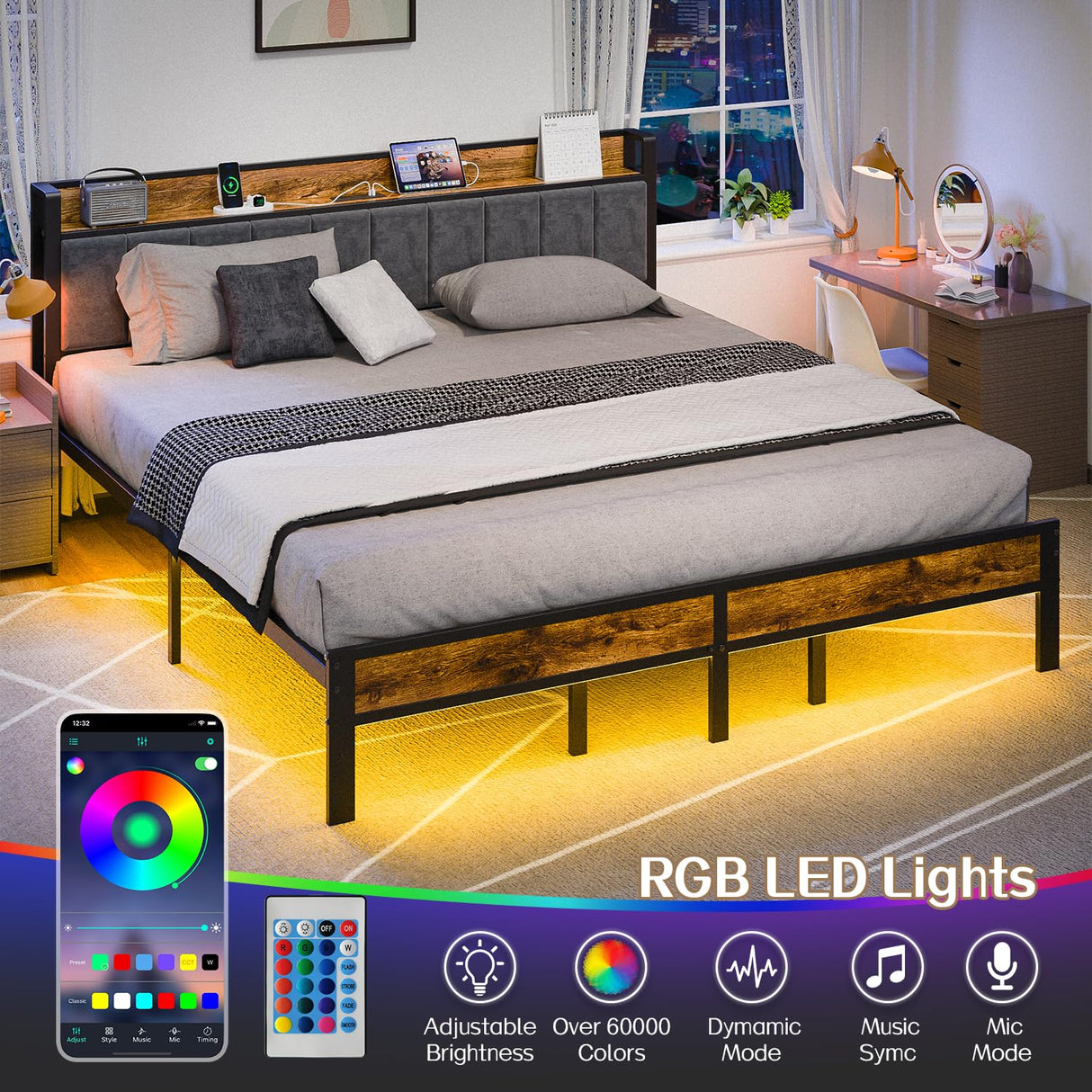 King Size Bed Frame with Smart LED Lights, Storage Headboard with USB Charging Station, Metal Platform Bed Noise Free, Easy Assembly, No Box Spring Needed Liians
