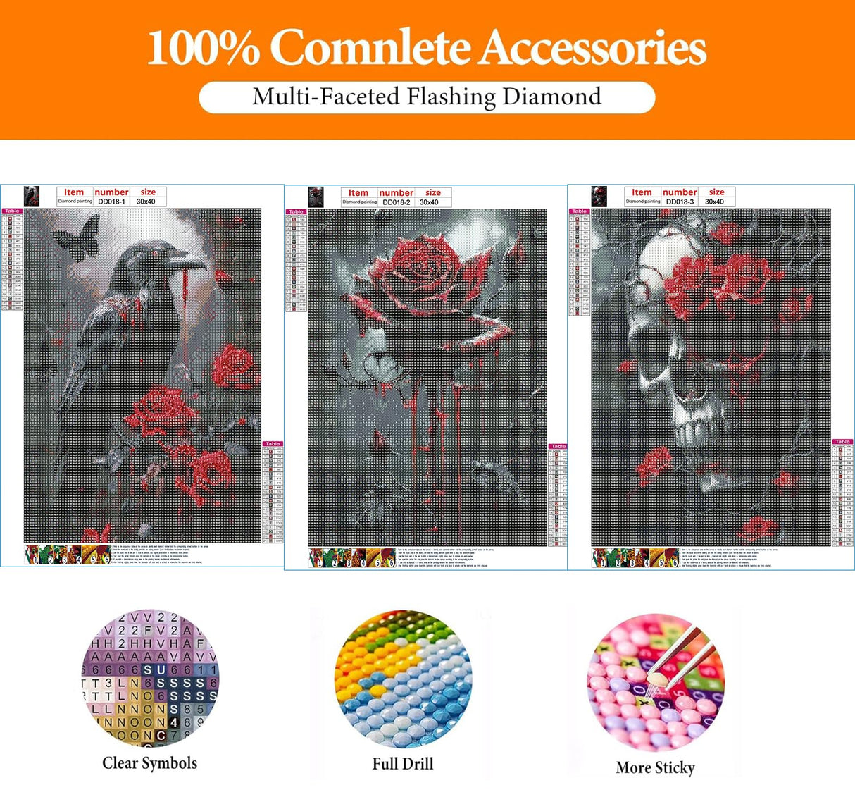 DAZZLEDOTS Diamond Art Kits for Adults, 3-Pack Halloween Diamond Painting Kits for Beginner Skull Round 5D Full Drill Diamond Dots Crafts for Home Wall Decor Gifts 12x16 Inch DAZZLEDOTS