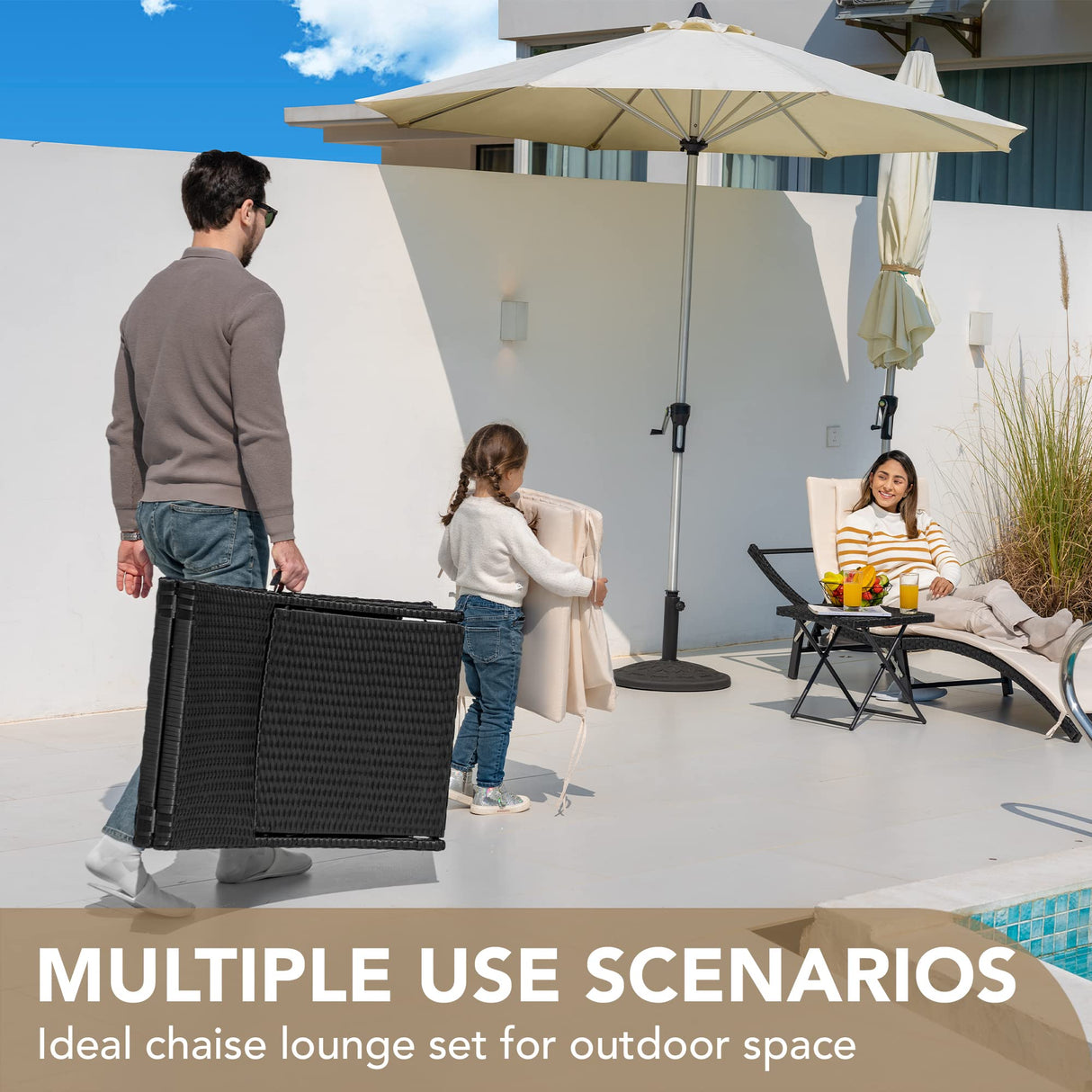 Devoko Patio Chaise Lounge Sets Outdoor Rattan Adjustable Back 3 Pieces Cushioned Patio Folding Chaise Lounge with Folding Table (Beige) Devoko