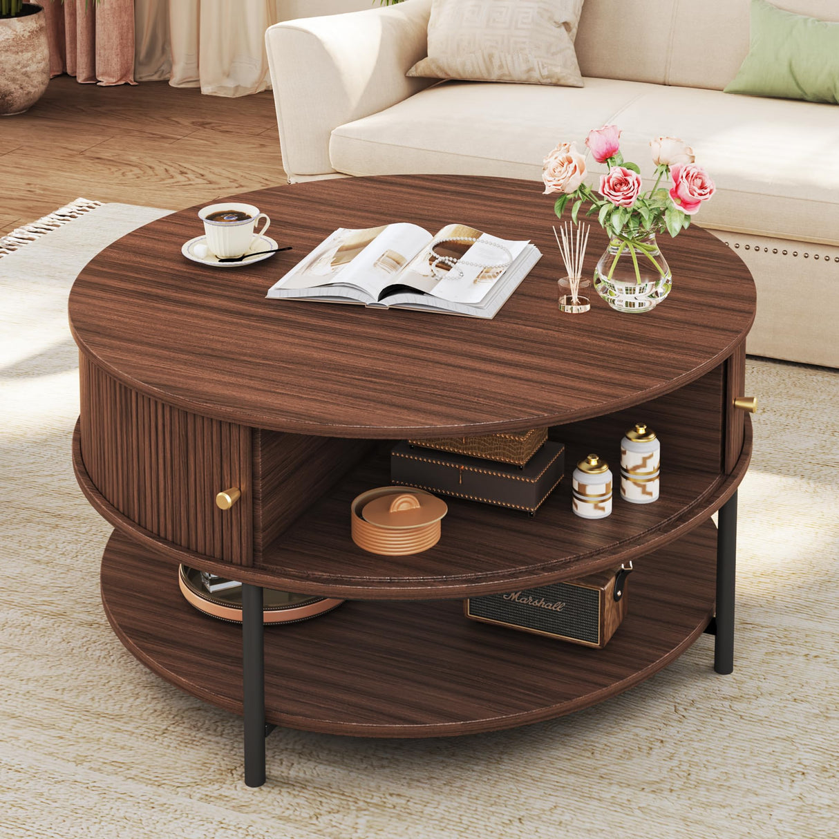 HUAHUU 31.5" Round Coffee Table with Storage, Mid Century Modern Coffee Table with Sliding Cabinet Door, Round Metal Legs, 3-Tier Small Round Coffee Tables for Living Room, Walnut HUAHUU