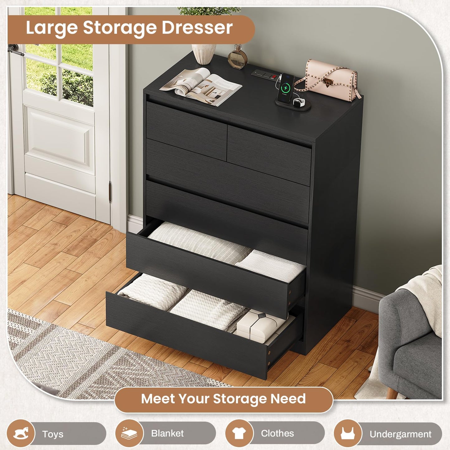 AOGLLATI Black Dresser for Bedroom, Modern Tall Dresser with 6 Drawers, Dressers & Chest of Drawers with Charging Station Handle Free,Wooden 6 Drawer Dresser for Bedroom Living Room,Black - WoodArtSupply