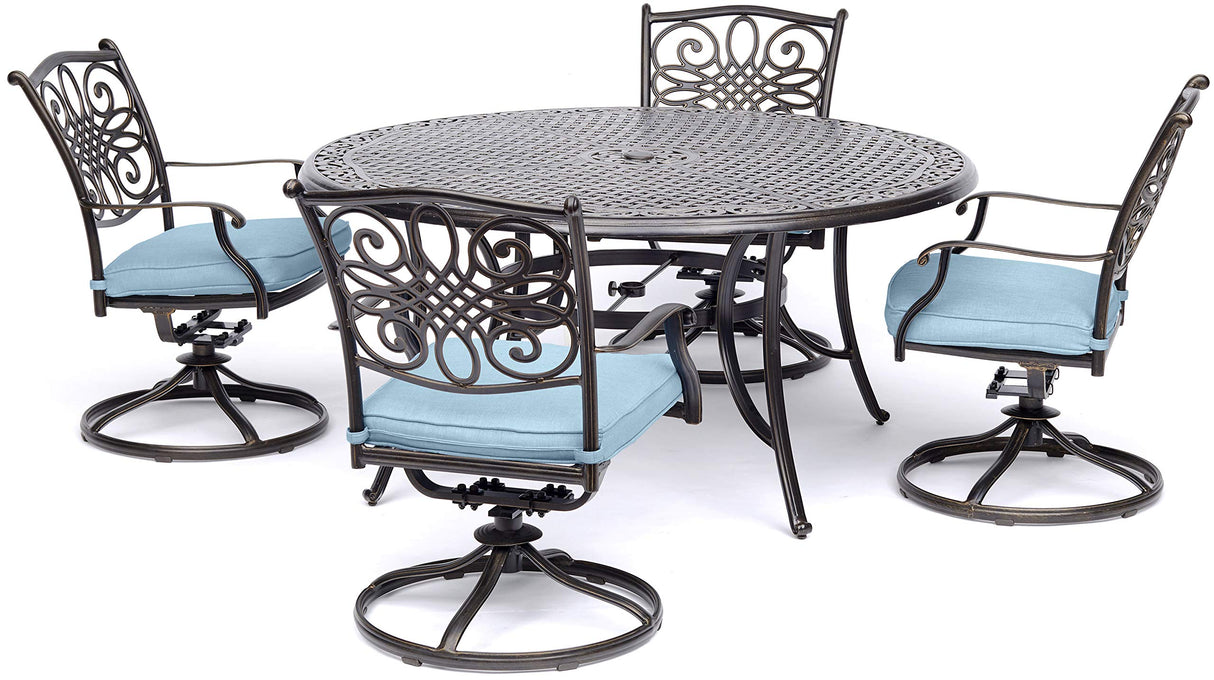 Hanover Traditions 5-Piece Rust Resistant Aluminum Patio Dining Set with Blue Cushions, Swivel Rockers and Aluminum Round Dining Table, Outdoor Dining Set for 4 Hanover