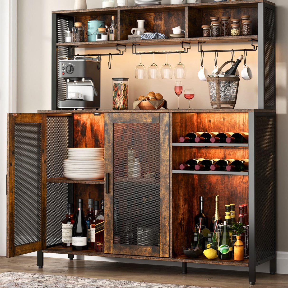 Loomie Wine Bar Cabinet with LED Light, Industrial Coffee Bar with Wine Rack & Glass Holder & 3 Compartments, Kitchen Buffet Sideboard with Storage, Liquor Cabinet, Rustic Brown Loomie