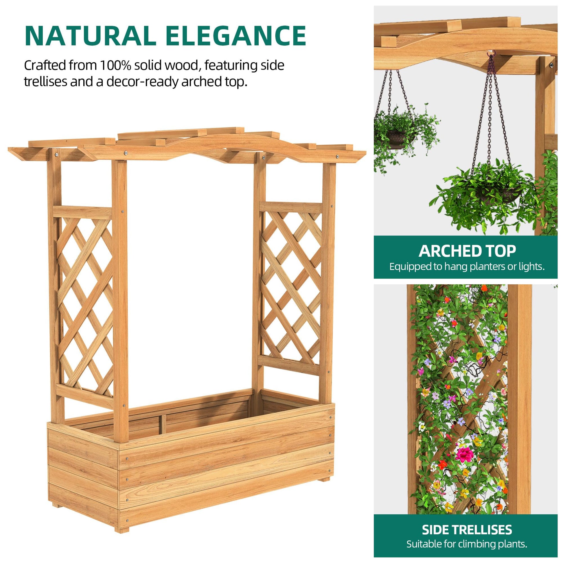 YITAHOME Raised Garden Bed with Trellis and Hanging Roof, 43.3" L x 13.9" W x 44.4" H Wood Free-Standing Trellis Planter Box for Climbing Plants Flowers in Garden, Patio, Backyard, Balcony, N - WoodArtSupply