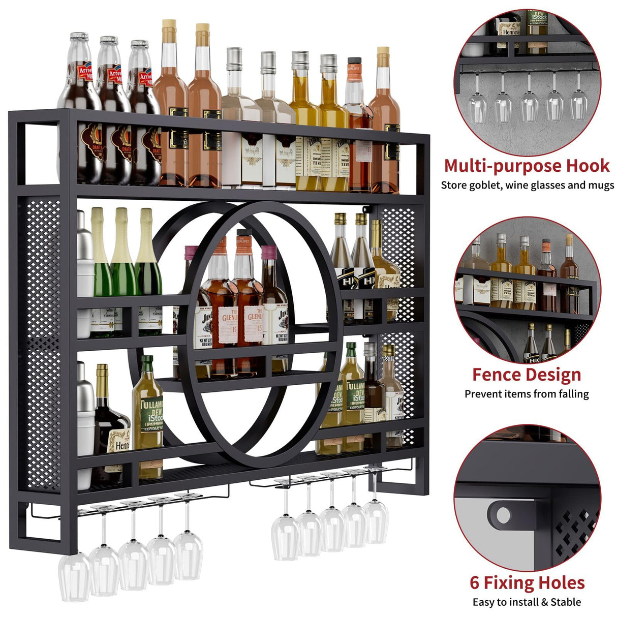 3-Tiers 39in Wine Rack Wall Mounted, Floating Bar Shelves with Wine Glass Holder Hanging Industrial Liquor Shelf, Wall-Mounted Wine Racks Cabinets for Home Bar No Assembly Required Boshen