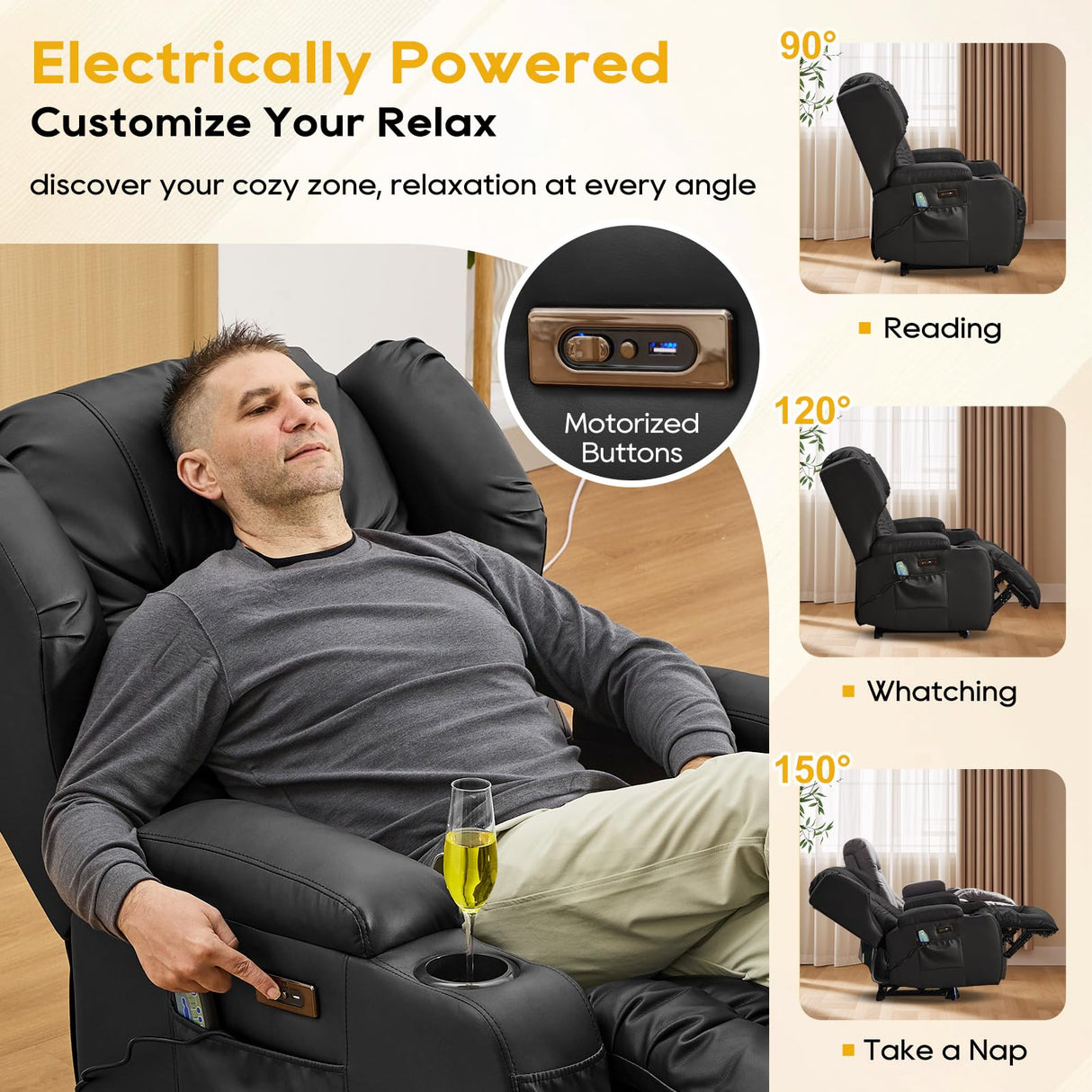 IPKIG Power Recliner Chair with Massage and Heat, Electric Recliner for Living Room, Home Theater, Bedroom, with LED Lights, USB Charger, Cup Holders, Side Pockets & Lumbar Pillow (1, Black) IPKIG