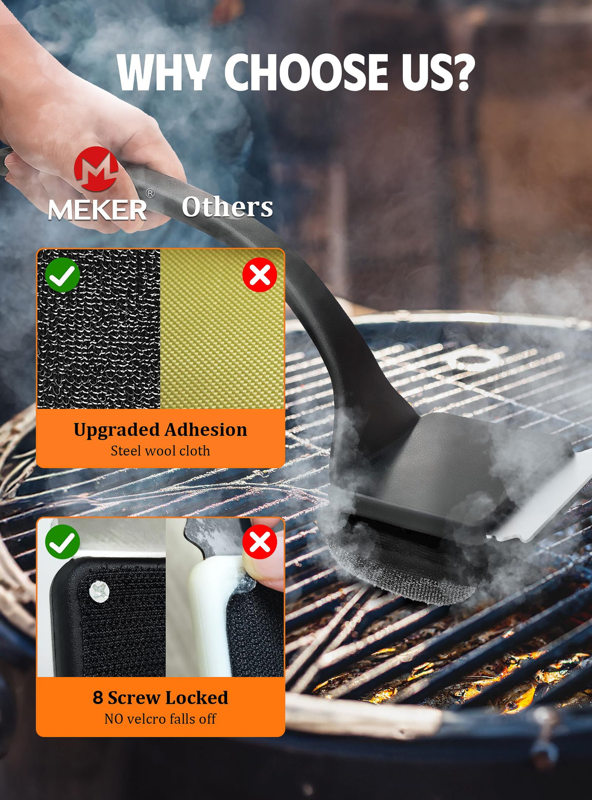 MEKER Grill Brush Bristle Free, Grill Cleaner Brush with 5 BBQ Replacement Head for Cast Iron, Stainless Steel Grates, Safe Grill Scraper Outdoor BBQ Grill, Black MEKER