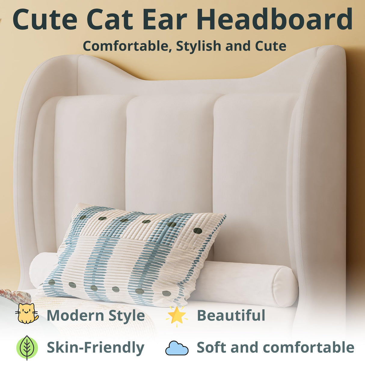 LIKIMIO Twin Bed Frame with Headboard, Velvet Upholstered Platform Bed with LED Light, Solid Wood Slats Support, No Box Spring Needed, Cream LIKIMIO