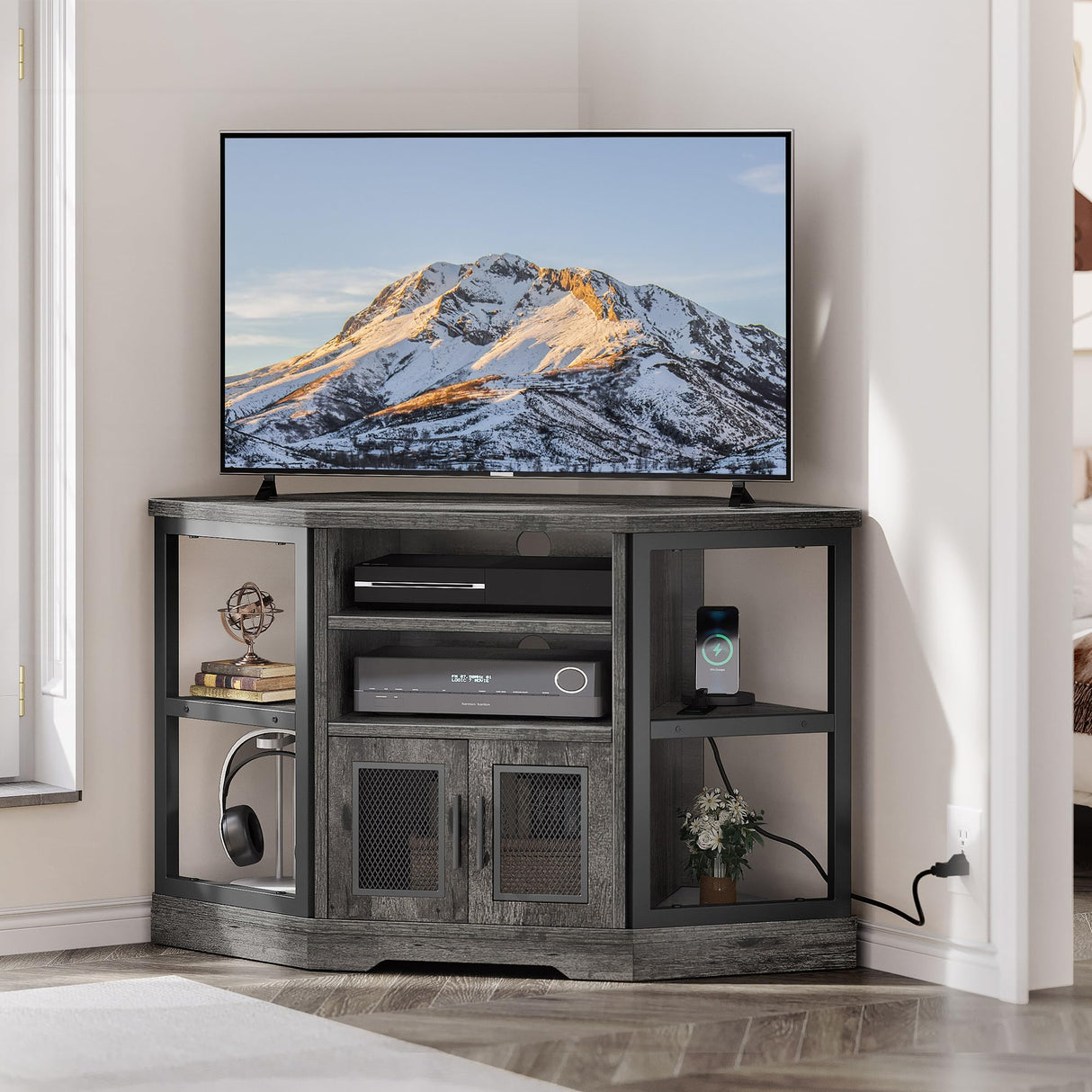 YITAHOME Farmhouse TV Stand with Power Outlet, Corner TV Stand for 55/50 Inch TV, Entertainment Center with Storage, TV Console Cabinet for Living Room, Grey Oak YITAHOME