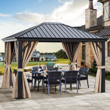 YITAHOME 10x12ft Hardtop Gazebo with Nettings and Curtains, Heavy Duty Galvanized Steel Outdoor Vertical Stripes Roof for Patio, Backyard, Deck, Lawns, Brown YITAHOME