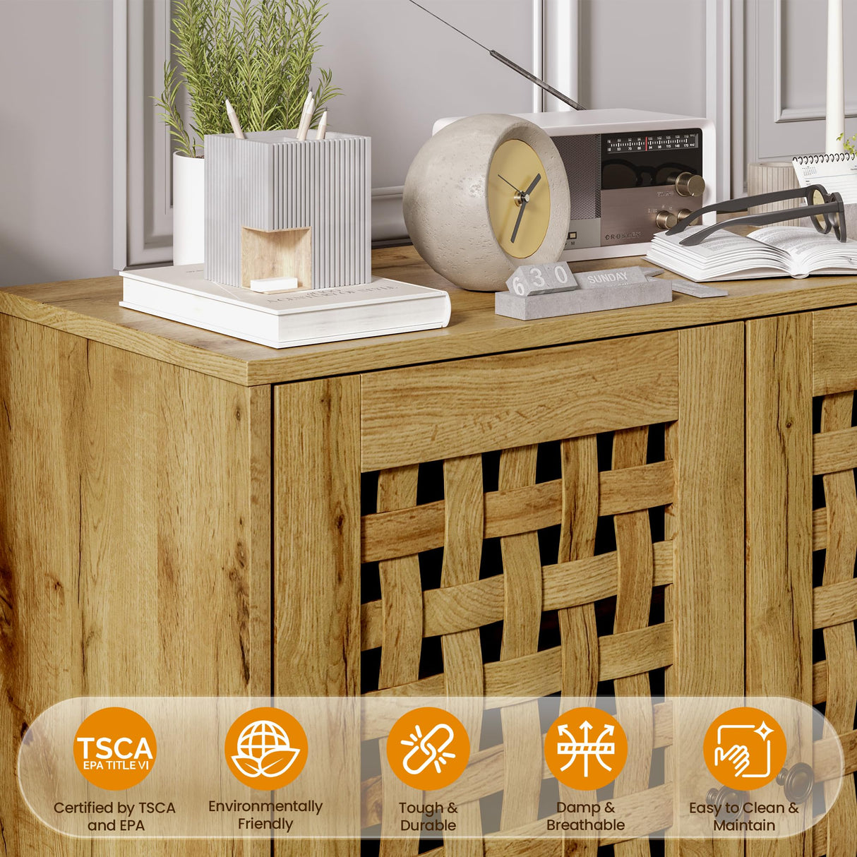 RoyalCraft Rattan Accent Cabinet with Doors, Farmhouse Buffet Entryway Cabinet with Oak Legs for Living Room, Natural Wooden Decorative Sideboard with Adjustable Shelf RoyalCraft