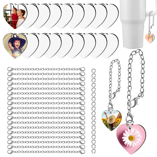 ZhouBoat 18 Set Sublimation Charm Accessories for Cup Name ID Charm for Tumbler Cup MDF Heart Double Side Sublimation Blanks Bulk with Chains Rings Friends Gift for DIY Crafts