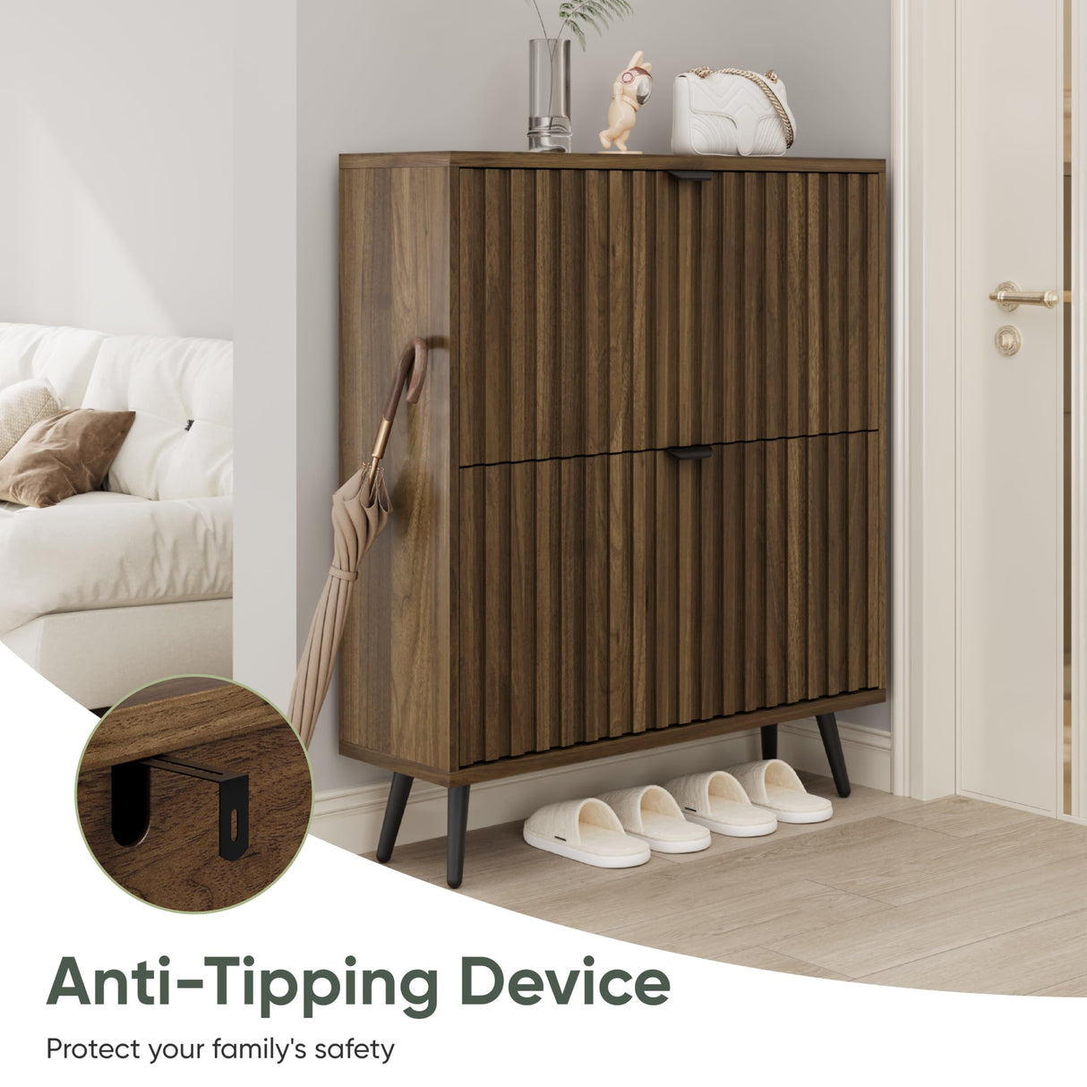 Smuxee Shoe Cabinet with 2 Flip Drawers, 31.5" Walnut Hidden Shoe Storage Cabinet with Fluted Design, Freestanding Shoe Organizer Cabinet for Entryway, Hallway, Closet, Living Room Smuxee