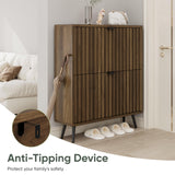 Smuxee Shoe Cabinet with 2 Flip Drawers, 31.5" Walnut Hidden Shoe Storage Cabinet with Fluted Design, Freestanding Shoe Organizer Cabinet for Entryway, Hallway, Closet, Living Room Smuxee