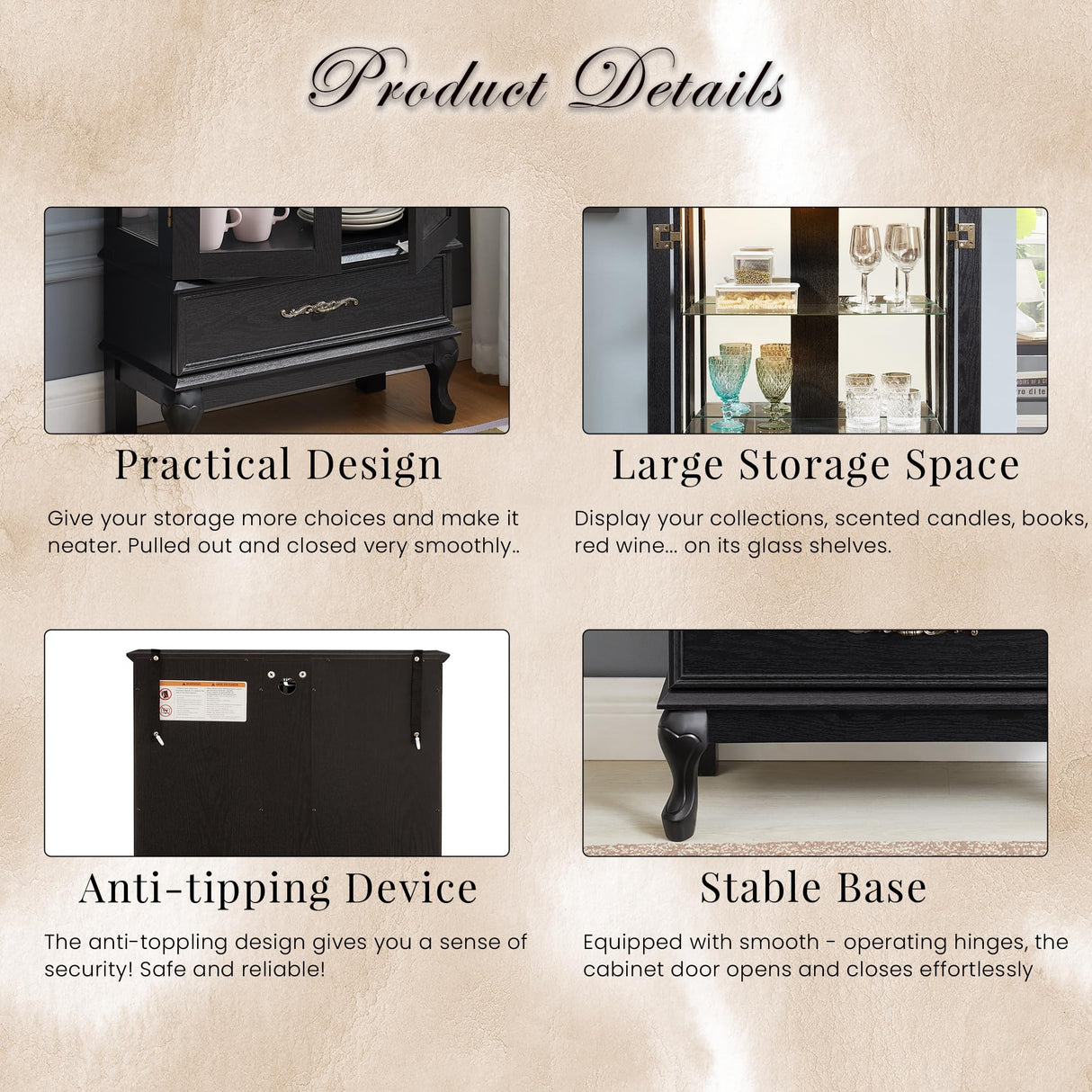 CKEASEAN Lighted Curio Cabinet, 52" H Glass Display Cabinet with Adjustable Shelves, China Cabinet with Tempered Glass Doors for Living Room, Light Blub Included (Black) CKEASEAN