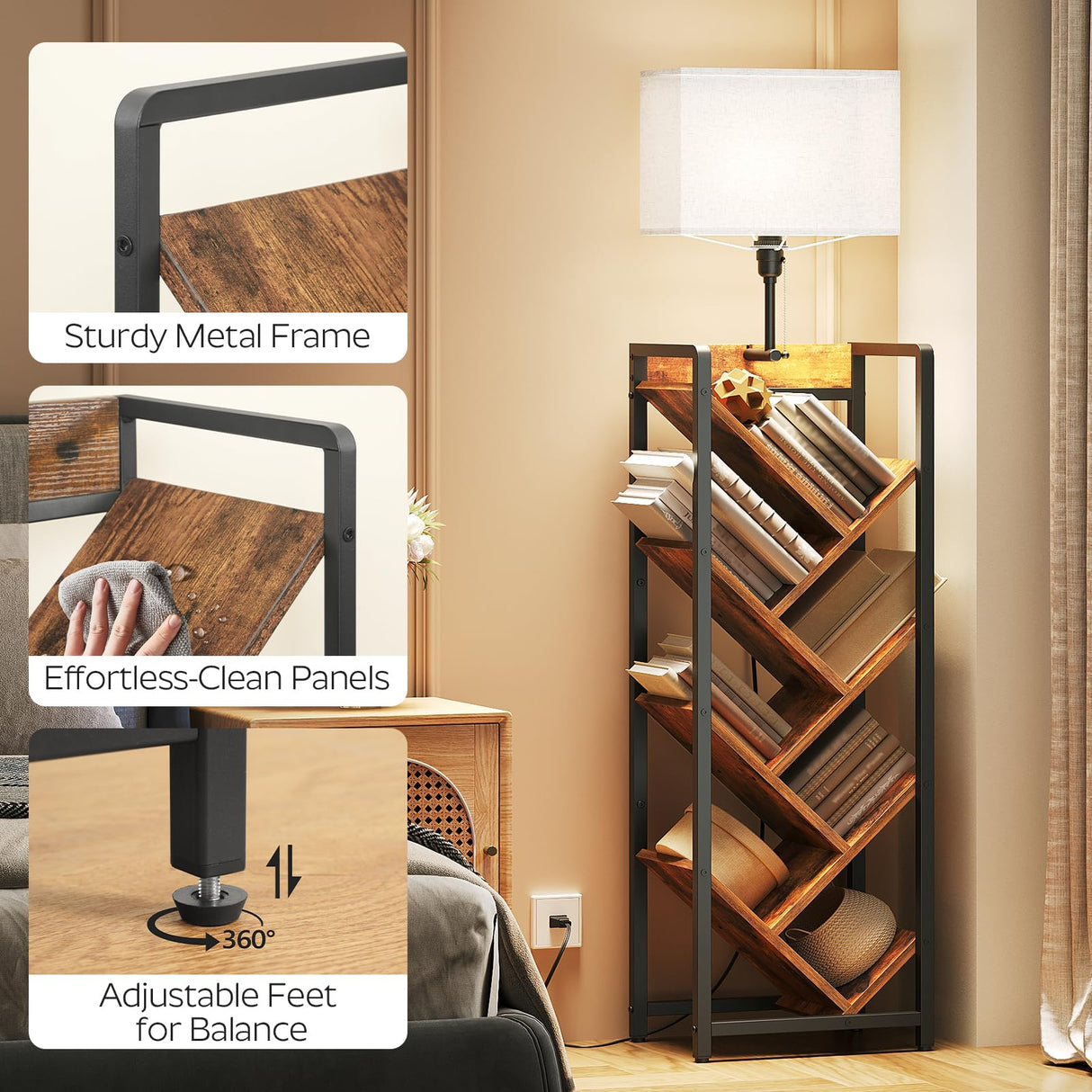 YATINEY Tree Bookshelf with Light, 6 Tier Book Shelf, Wooden Bookcase for Narrow Space, Floor Standing Tall Bookshelf, Industrial Corner Display Shelf, Rustic Brown SJ08DBR YATINEY