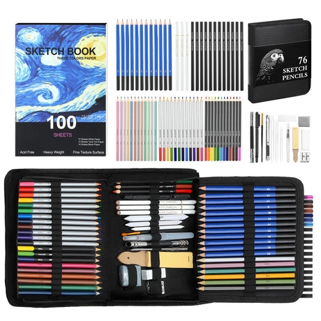 76PCS Art Supplies Sketching Kit with 100 Sheets 3-Color Sketchbook, Drawing Pencils Include Graphite Colored Charcoal Watercolor & Metallic Pencils, Drawing Kit Gifts for Kids Adults Beginner Artists COOL BANK