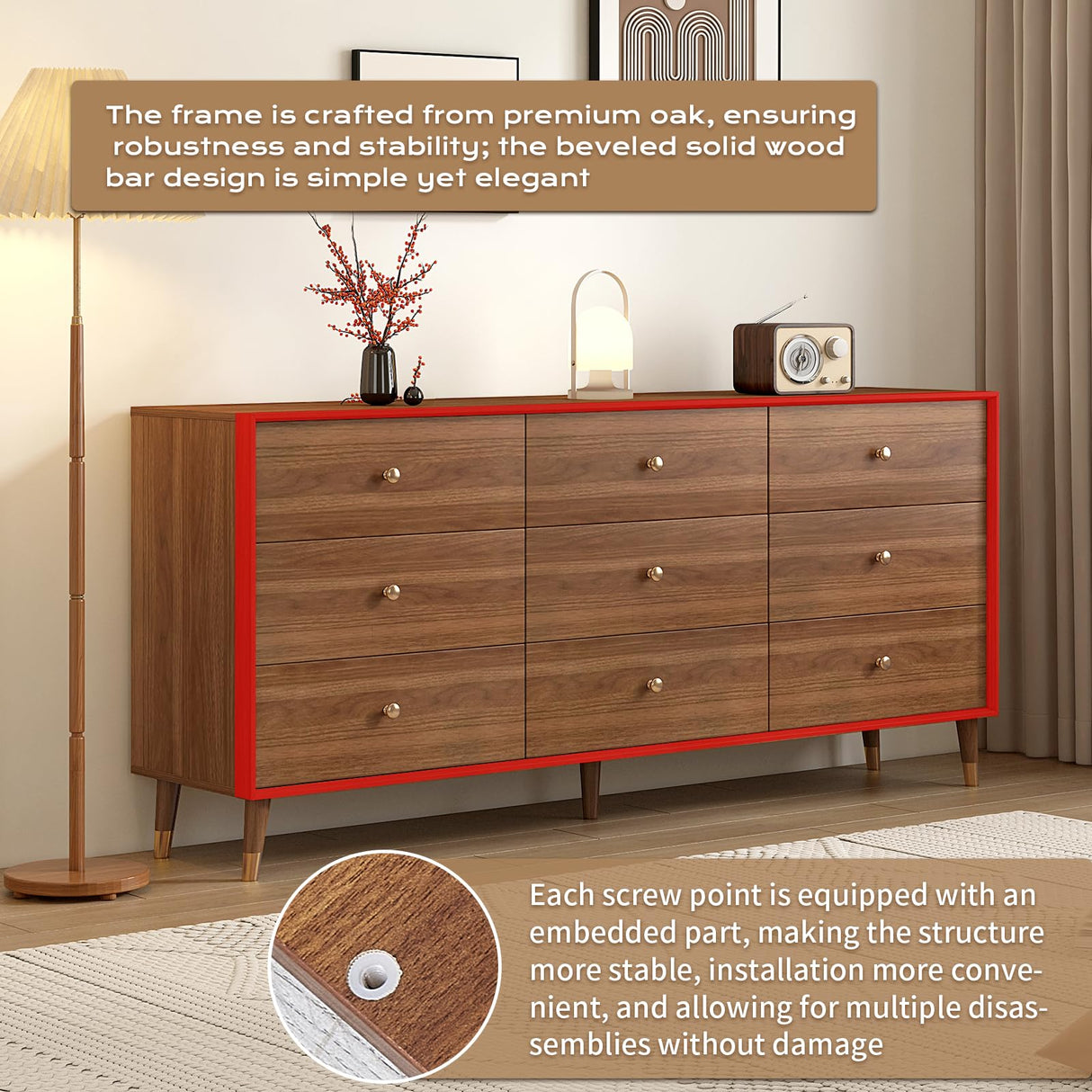 Messenya Mid Century Modern 9-Drawer Dresser, 63 Inch Wide Solid Wood Frame Chest, Walnut Finish, Beveled Design, Heavy-Duty Drawer Glides, Storage Cabinet for Bedroom, Living Room, TV Stand Messenya