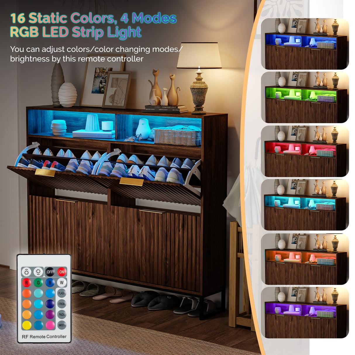 VINGLI Fluted Shoe Cabinet Storage for Entryway,Hidden Shoes Storage Cabinet with 4 Flip Drawers, Mid Century Modern Shoe Rack with LED Light,Shoes Organizer with Cubby for Hallway(Dark Walnut) VINGLI