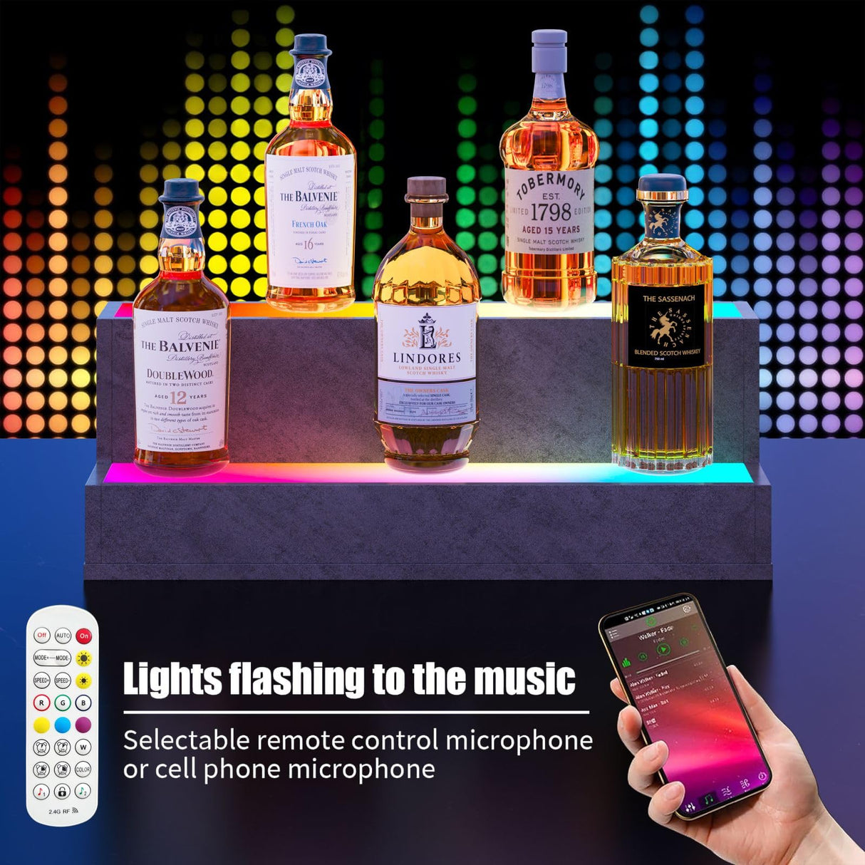 Bingoday 2 Pack LED Liquor Display Shelves Lighted Liquor Bottle Display Shelf with Acrylic Board Bar Display Stand for Home Bar Liquor Cabinet Decor (Grey, 3 step-24in) Bingoday