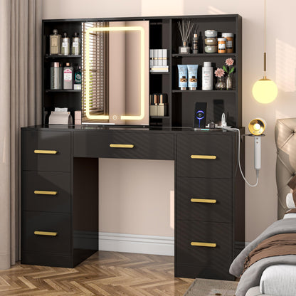 47'' W Large Vanity Desk with Mirror and Lights, 8 Storage Shelves 7 Drawers Vanity Table, Big Makeup Vanity Desk with 3 Lighting Modes, Vanity Dresser with Charging Station, Sliding Mirror (Black)