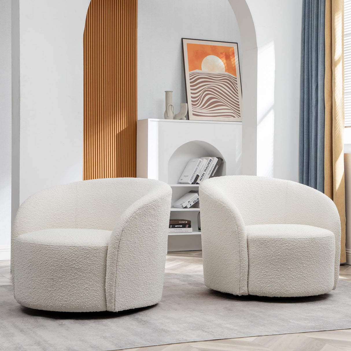 KINWELL 34" W Swivel Barrel Chair Set of 2, Mid Century Modern Round Upholstered Boucle Swivel Accent Chairs, No Assembly Sofa Chair for Living Room Bedroom Reading, Cream KINWELL