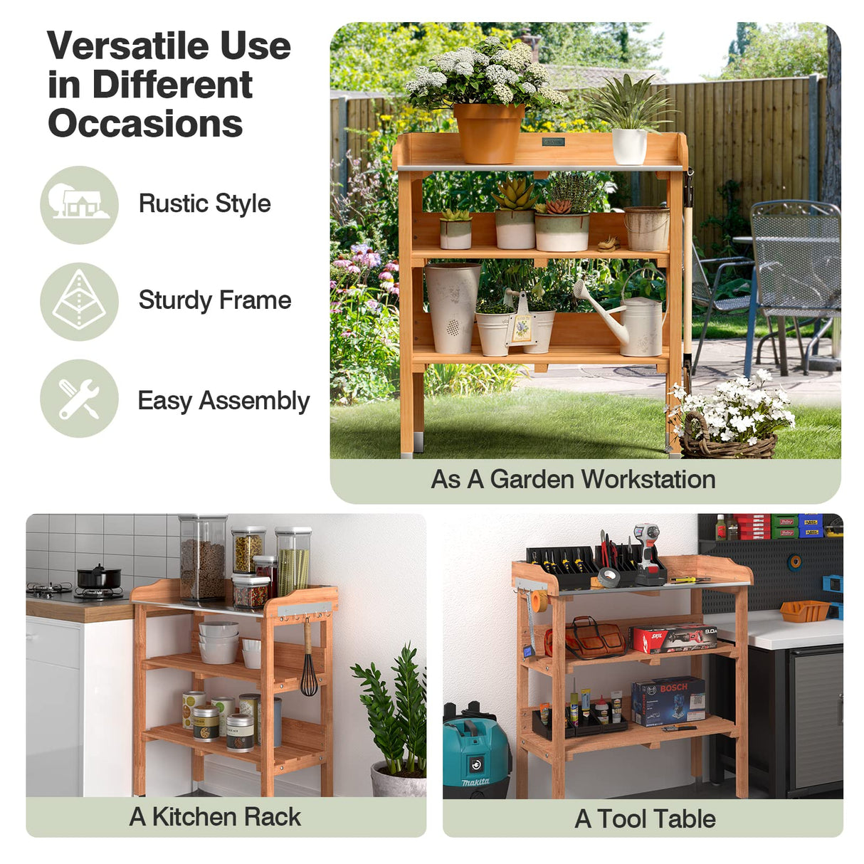 Giantex Garden Potting Bench, Outdoor Wood Workstation Table with Galvanized Steel Tabletop, 5 Hooks, 2-Tier Storage Shelves, Outside Work Station Potting Table with Raised Edge, Easy Assembly Giantex